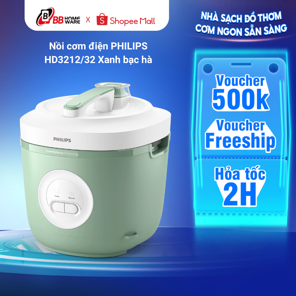 Nồi Cơm Điện PHILIPS HD3212/32 Xanh Bạc Hà - Nấu Nhanh, Giữ Ấm 48 Giờ, Kèm Xửng Hấp, Cốc Đong