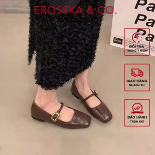 Erosska - Giày búp bê nữ ballet core mũi vuông, quai ngang phối khóa màu nâu  - EL084