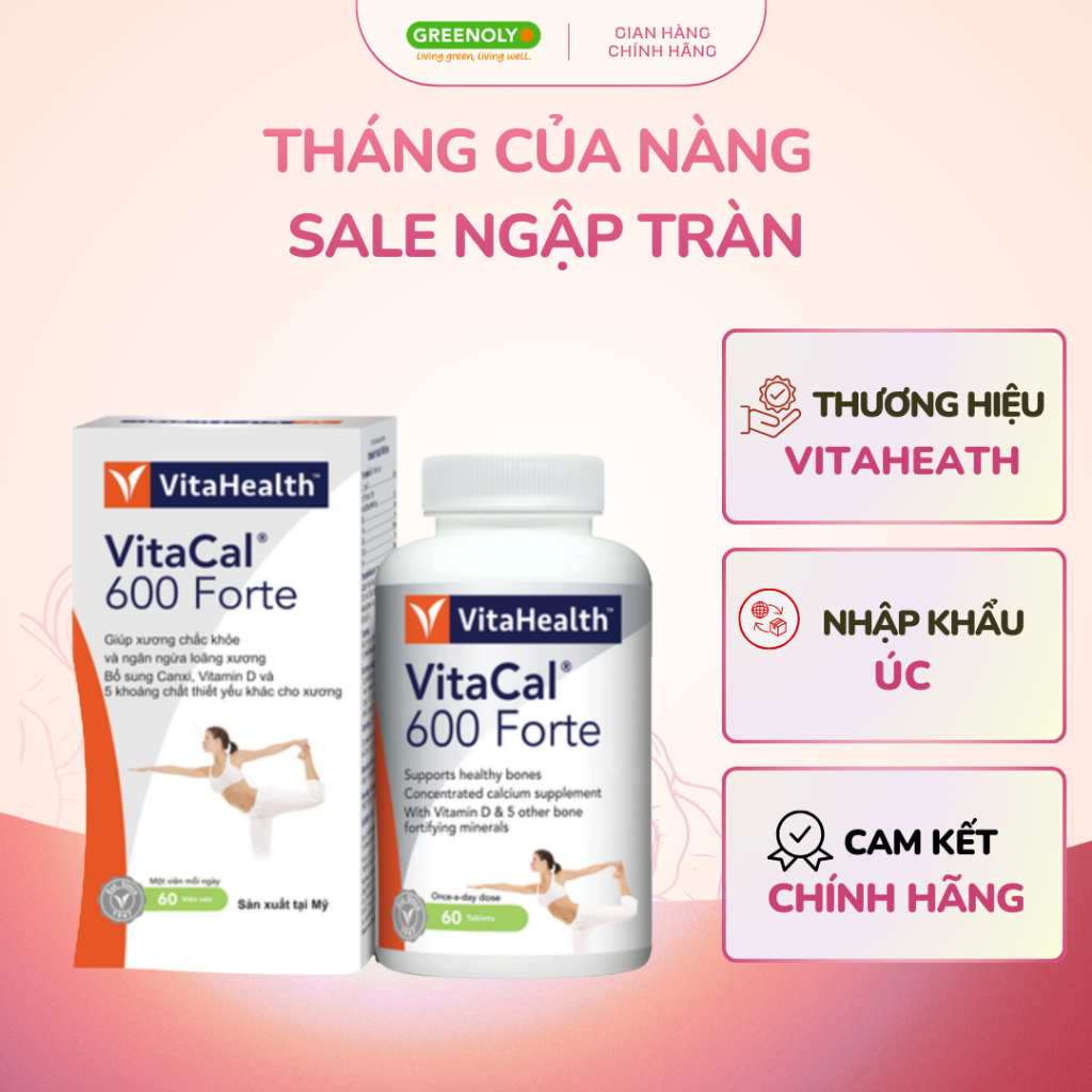 Viên Uống VitaHealth Vitacal 600 Forte Bổ Sung Canxi và  D3 Giảm Nguy Cơ Loãng Xương 60 Viên