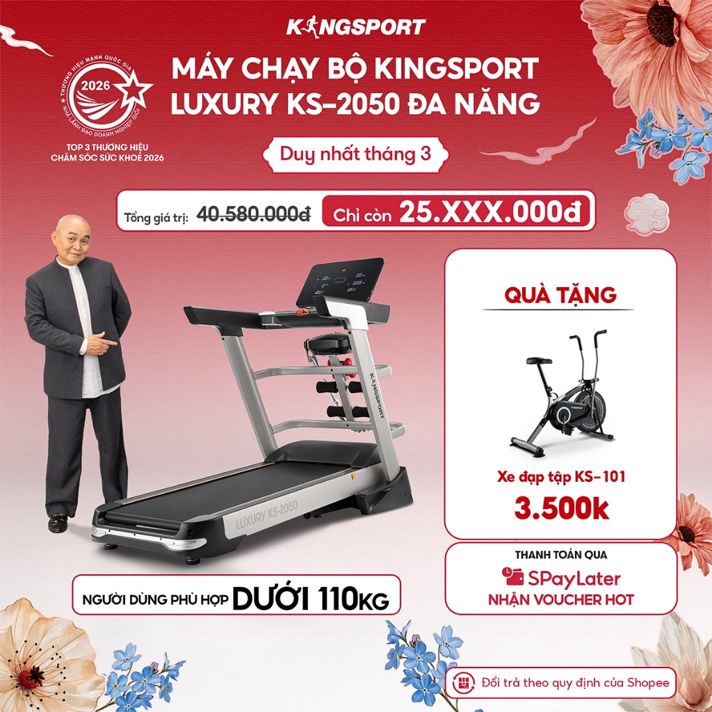 Máy chạy bộ KINGSPORT Luxury KS-2050 tốc độ đến 18,8km/h, 12 bài luyện tập, tra dầu tự động