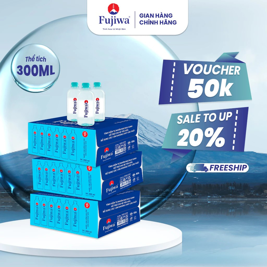 Nước Ion Kiềm Fujiwa 300ml (Thùng 24 Chai) - pH 9+ Cao Cấp Chính Hãng Kiềm Hóa Cơ Thể Detox Thải Độc