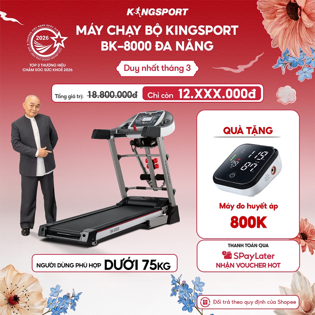 Máy chạy bộ KINGSPORT BK-8000 đa năng, thảm chạy rộng chống trơn, 12 bài tập đa dạng