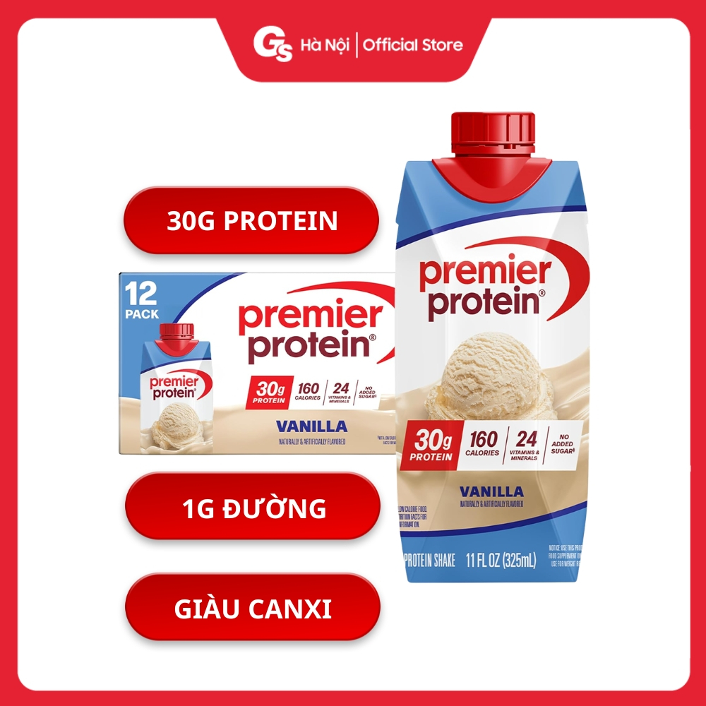 Sữa cao đạm Premier Protein Shake (Thùng 12 hộp) của Mỹ, chứa 30g Protein uống liền, ít béo ít đường
