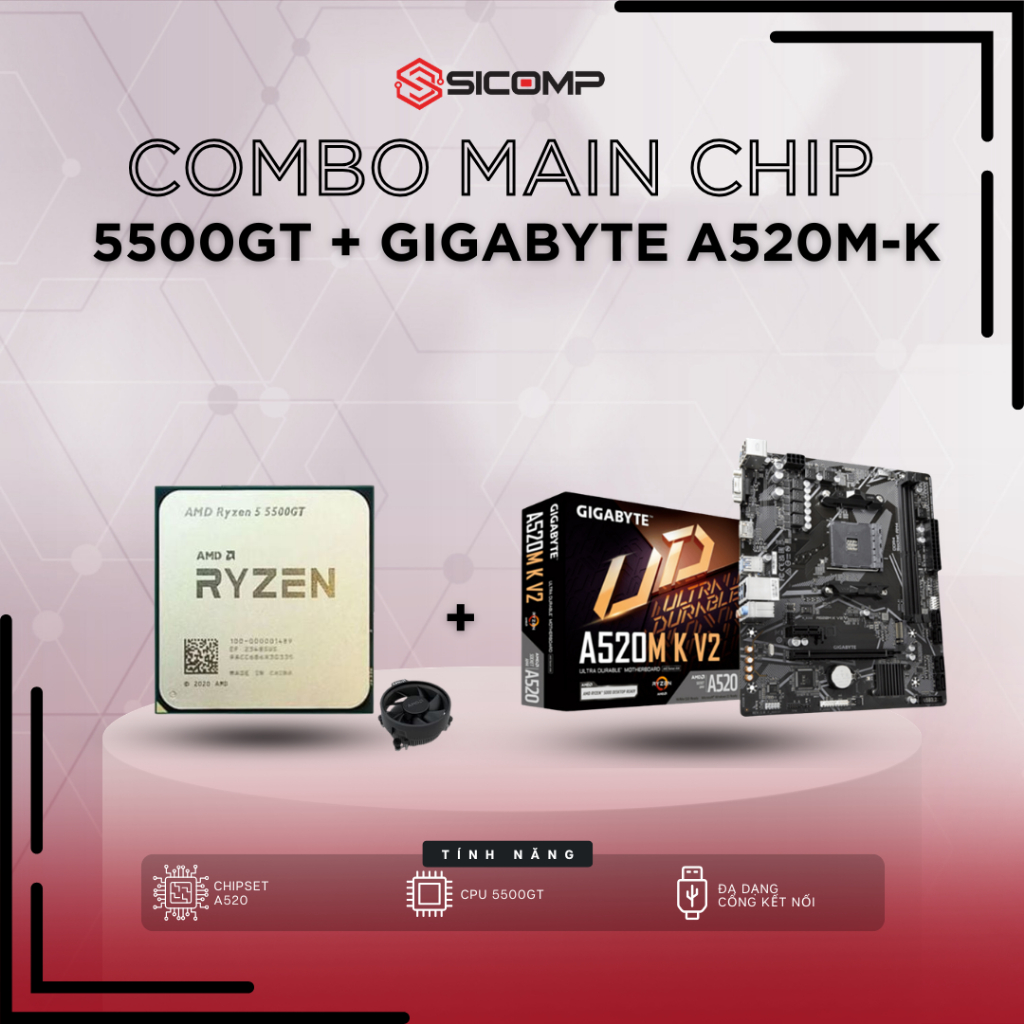 [FV] COMBO CPU AMD Ryzen 5 5500GT MPK + Mainboard Gigabyte A520M-K V2, HÃNG, BẢO HÀNH 3Y