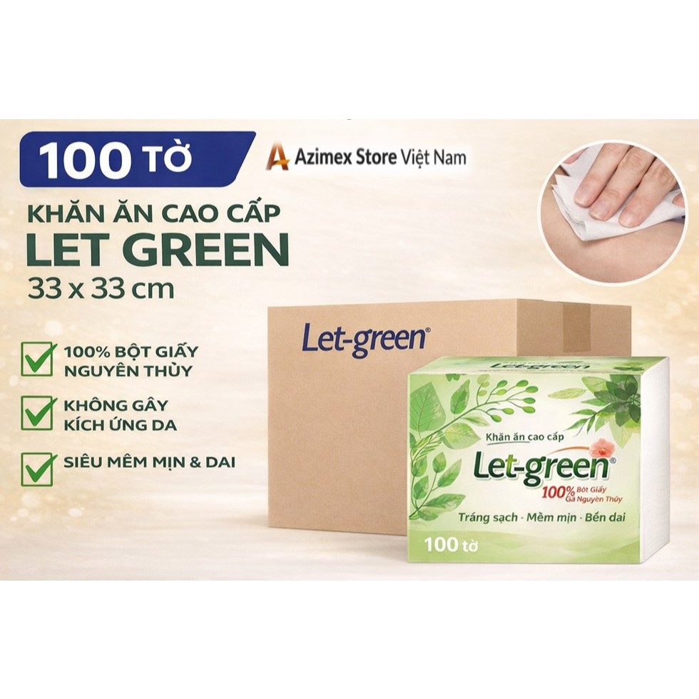 Khăn Giấy Ăn Let-Green 100 Tờ – Giấy Ăn 2 Lớp Cao Cấp Mềm Mịn, Siêu Dai, Khăn Giấy Nhà Hàng 33x33cm