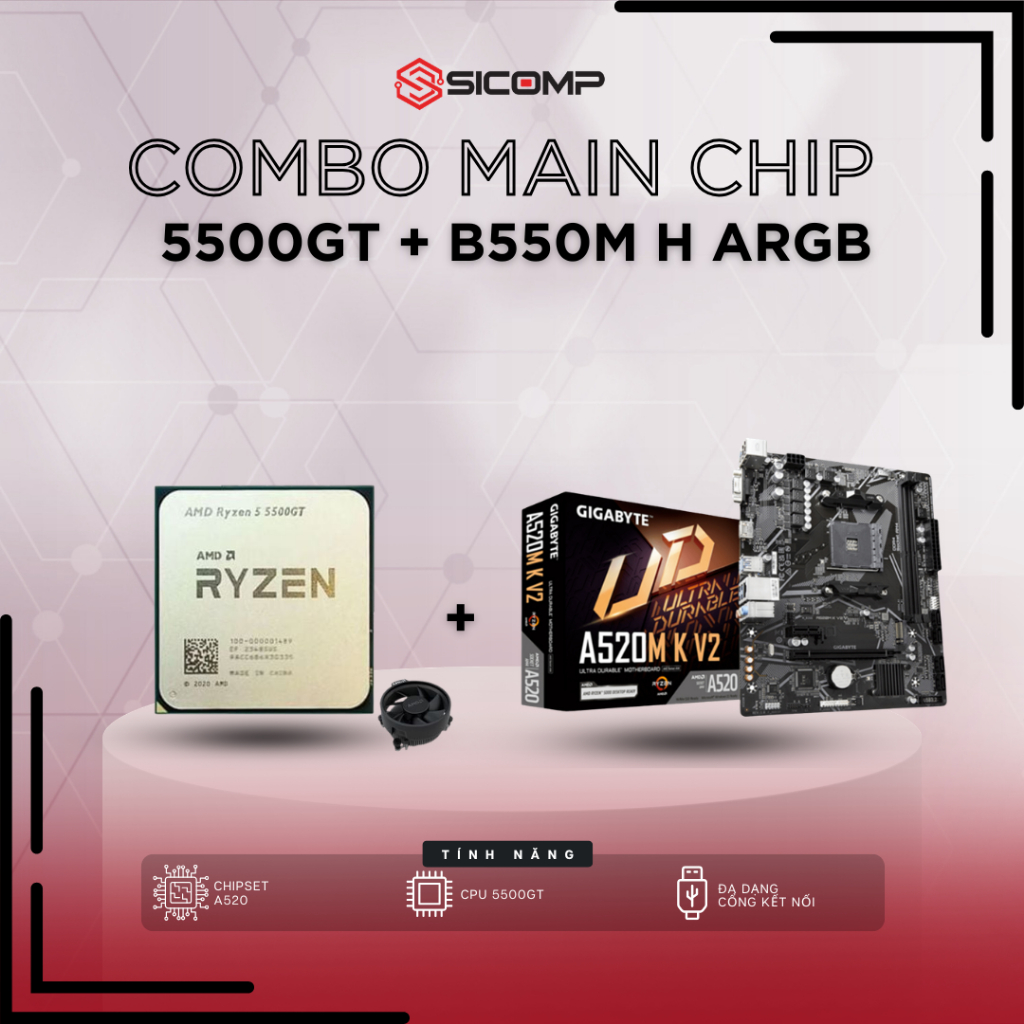 [FV] COMBO CPU AMD Ryzen 5 5500GT MPK + Mainboard Gigabyte B550M H ARGB, HÃNG, BẢO HÀNH 3Y