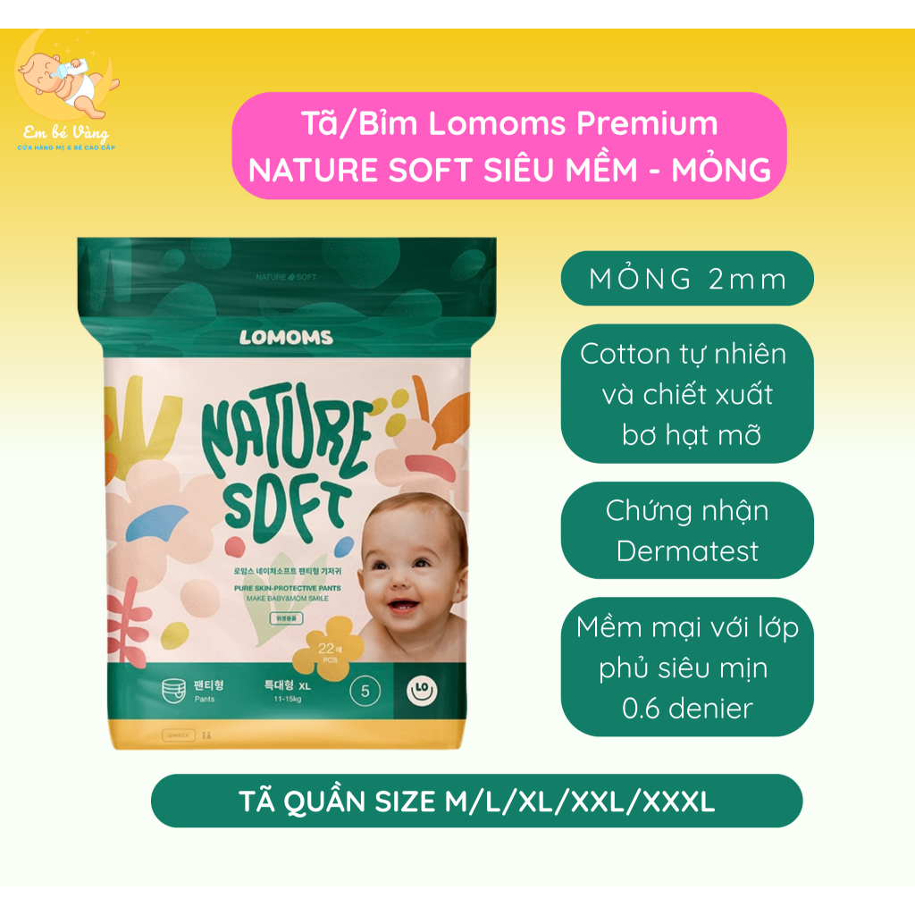 Bỉm/tã Quần Lomoms Nature Soft cao cấp, bỉm Hàn siêu mỏng, thấm hút đủ size từ M - XXXL