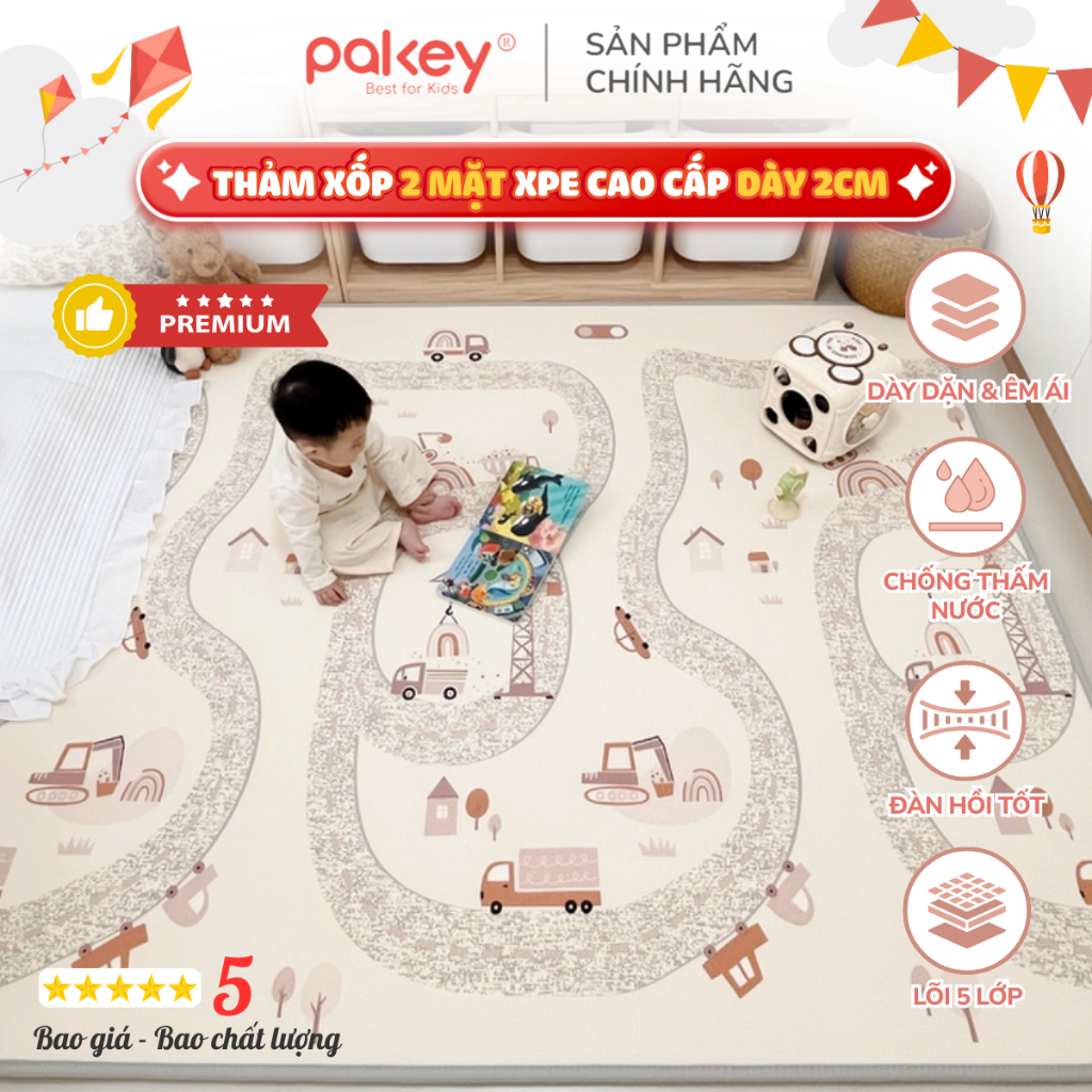 Thảm Cuộn 2 Mặt XPE Cao Cấp Dày 2cm, Thảm Xốp Pakey Premium Chống Trơn Trượt Cho Bé Họa Tiết Dễ Thươ