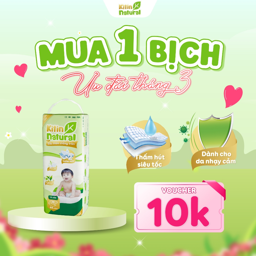 Tã/Bỉm quần dán Kitin Natural size NB56/S50/M44/L40 siêu mỏng thoáng, thấm hút lên tới 1100ml