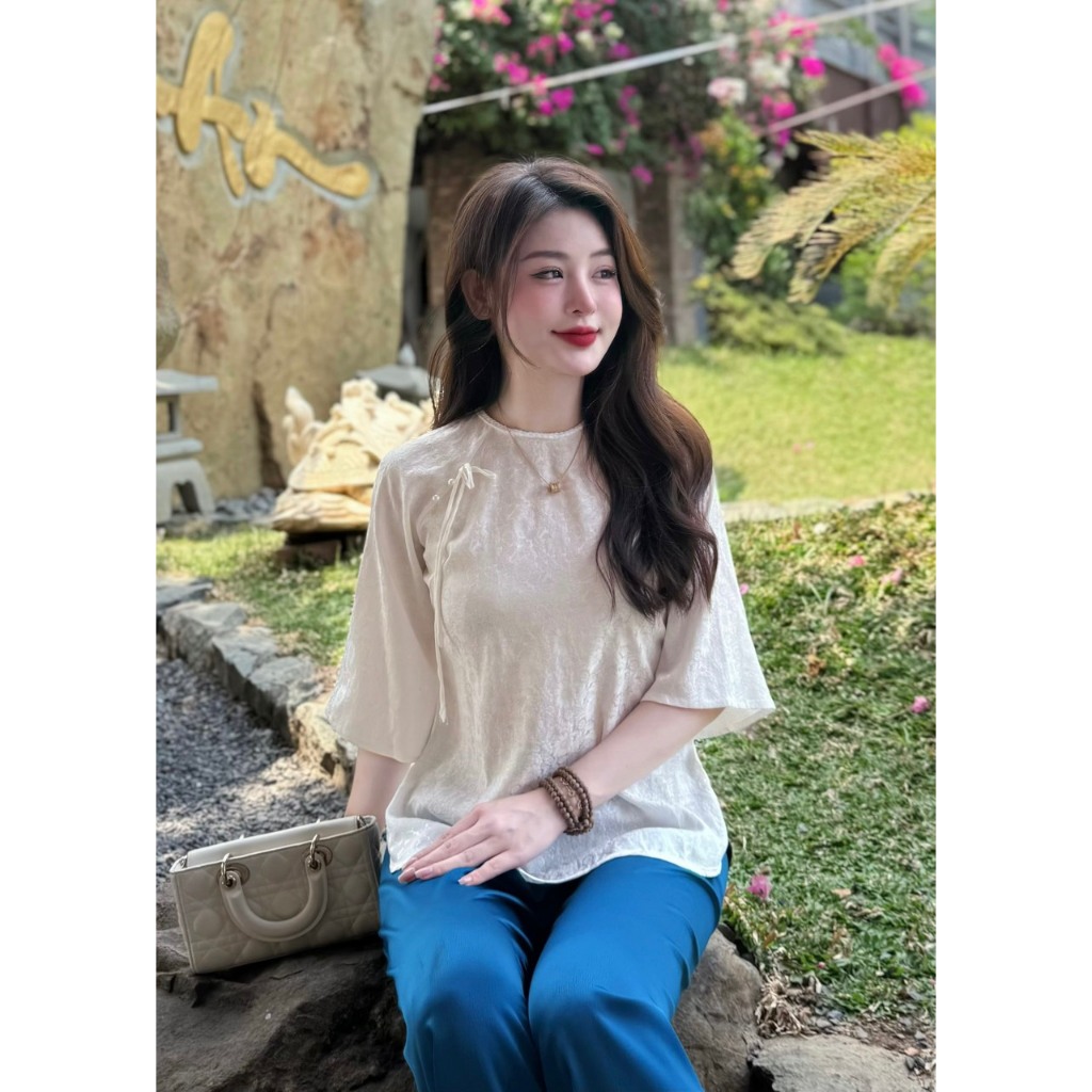 Đồ lam đi chùa nữ ÁO LẺ pháp phục cổ tết đính nơ áo bà ba cách tân mặc đi lễ chùa - MÃ ÁO LẺ