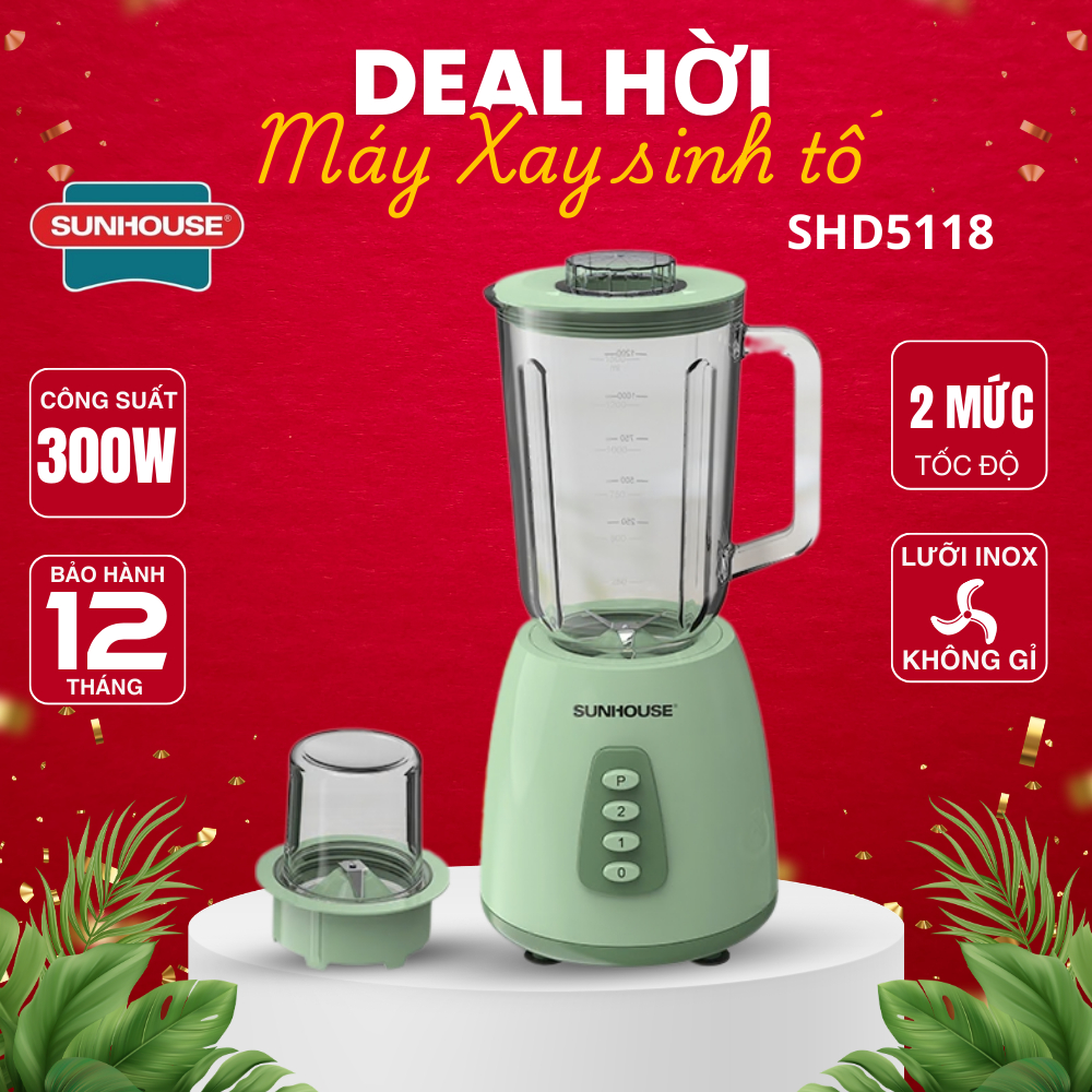 Máy xay sinh tố đa năng SUNHOUSE SHD5118 mới nhất, Công suất mạnh 300W, 2 Cối thủy tinh cao cấp