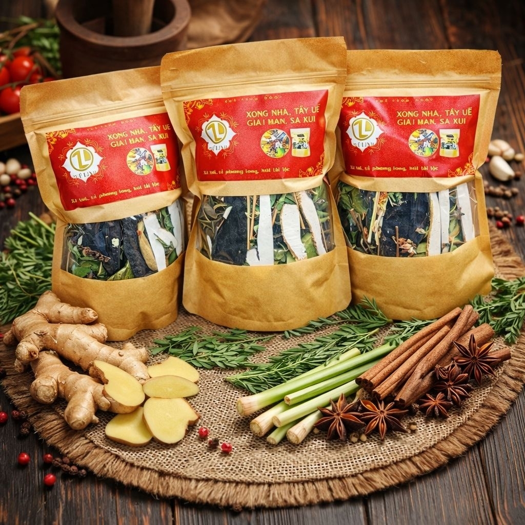 3 gói lớn thảo mộc xông nhà tẩy uế, xả phong long, xả xui Tuệ Linh (tặng than đốt và khay xông)