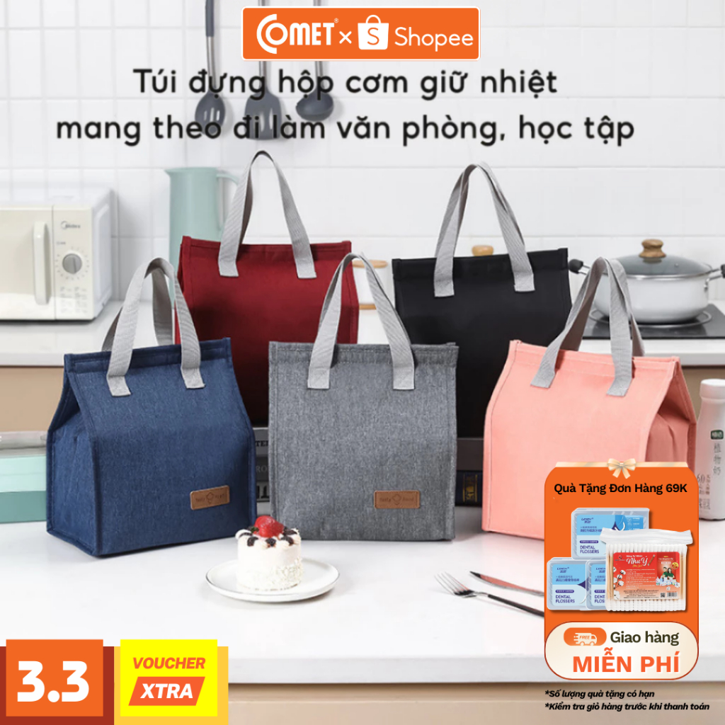 Túi Giữ Nhiệt Đựng Hộp Cơm Văn Phòng COMET 3 Lớp Có Quai Xách Tiện Dụng Chông Thấm Nước