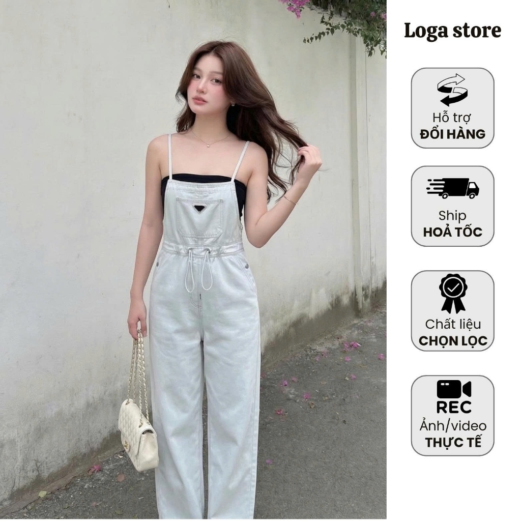 Quần yếm jean nữ đi biển form rộng màu trắng , Quần bò yếm dài ống suông đi du lịch , Jum jean trắng bigsize_L557