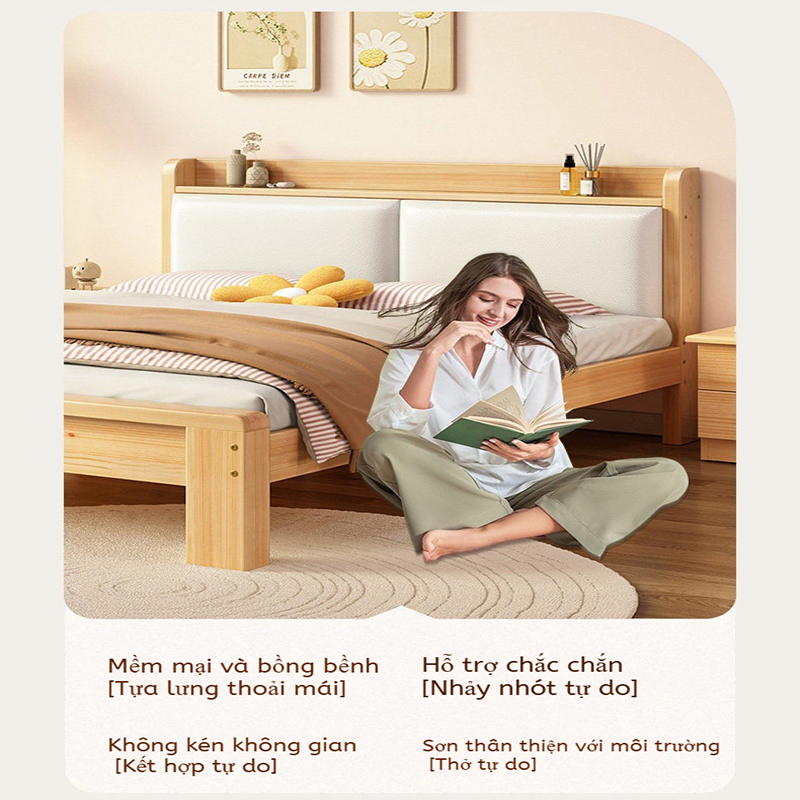 Giường Ngủ Gỗ Tự Nhiên Đầu Giường Túi Mềm Đệm Tựa Có Ngăn Chứa Đồ Hiện Đại Nhiều Kích Thước Bền Đẹp | BigBuy360 - bigbuy360.vn