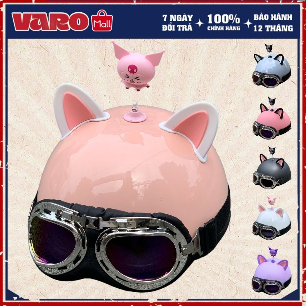 Nón Bảo Hiểm Nửa Đầu Kính Phi Công Kèm Phụ Kiện Tai Mèo 2 Màu Và Bông Hoa Gắn Mũ Bảo Hiểm Varohelmet