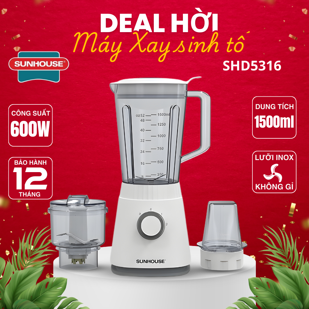 Máy xay sinh tố đa năng SUNHOUSE SHD5316, Dung tích 1.5L, Công suất mạnh 600W, 3 Cối nhựa bền bỉ