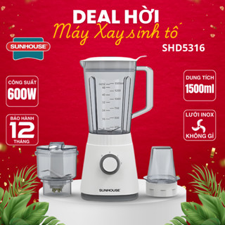 Máy xay sinh tố đa năng SUNHOUSE SHD5316, Dung tích 1.5L, Công suất mạnh 600W, 3 Cối nhựa bền bỉ