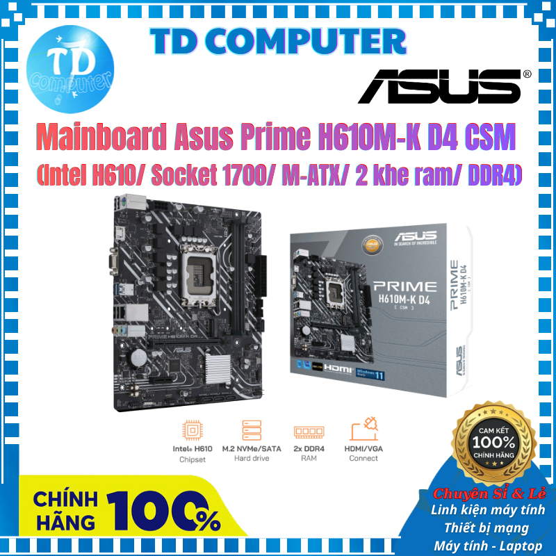 Mainboard Asus Prime H610M K D4 CSM (Intel H610/ Socket 1700/ M-ATX/ 2 khe ram/ DDR4) - Hàng chính h