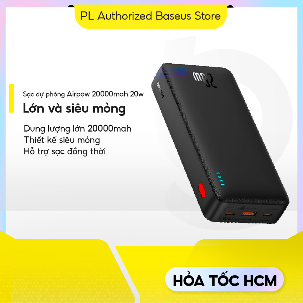 Sạc Dự Phòng Baseus Airpow 20000mAh 20W PD QC3.0, 2 Cổng USB + Type-C Dùng Cho iPhone Samsung