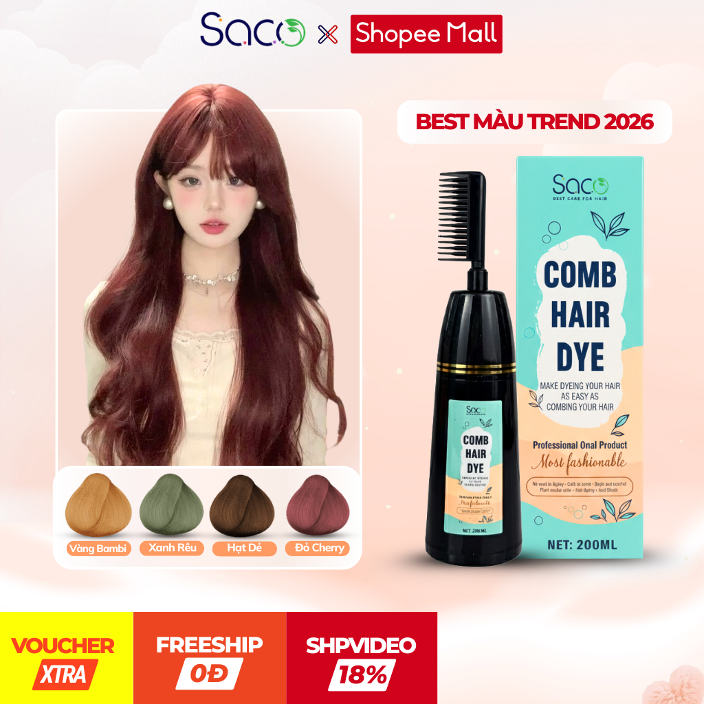 Dầu gội nhuộm tóc SACO (200ml), lược nhuộm tóc 19 màu lên màu tốt không cần tẩy, an toàn cho tóc