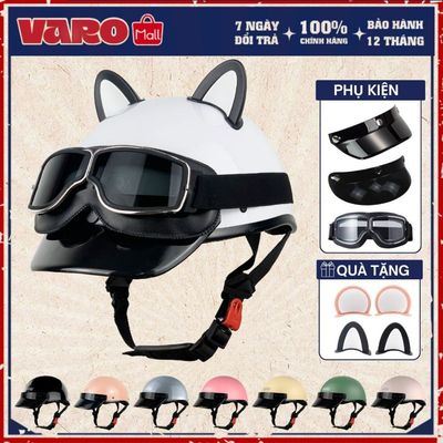 [Quà Tặng Miễn Phí] Combo Mũ Bảo Hiểm Nửa Đầu VARO Gắn Kính Phi Công Cao Cấp & Tai Mèo Chính Hãng