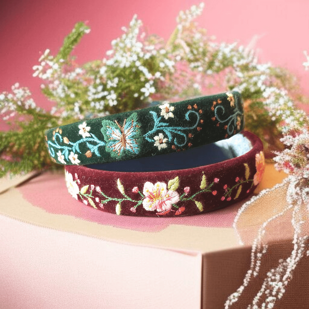 Bờm cài tóc nữ vải linen thêu họa tiết vintage thanh lịch phong cách tiểu thư