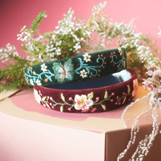 Bờm cài tóc nữ vải linen thêu họa tiết vintage thanh lịch phong cách tiểu thư