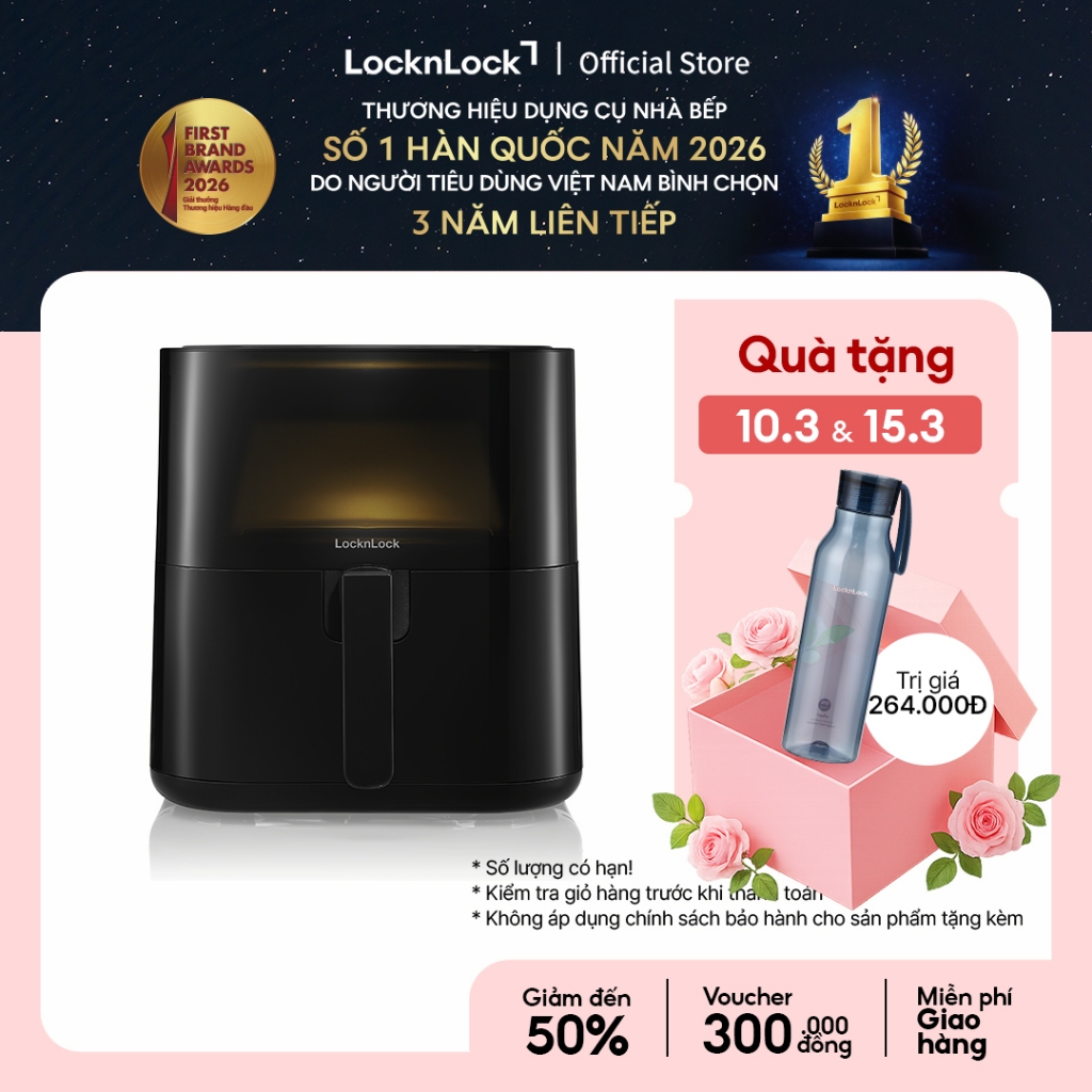 Nồi chiên không dầu Lock&Lock Visible air fryer CUBE 5.5L cửa sổ trong suốt-EJF996BLK