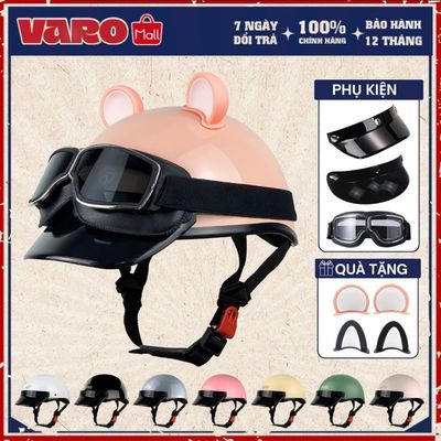[Quà Tặng Miễn Phí] Combo Mũ Bảo Hiểm Nửa Đầu VARO Cao Cấp Gắn Kính Phi Công Tai Chuột Chính Hãng