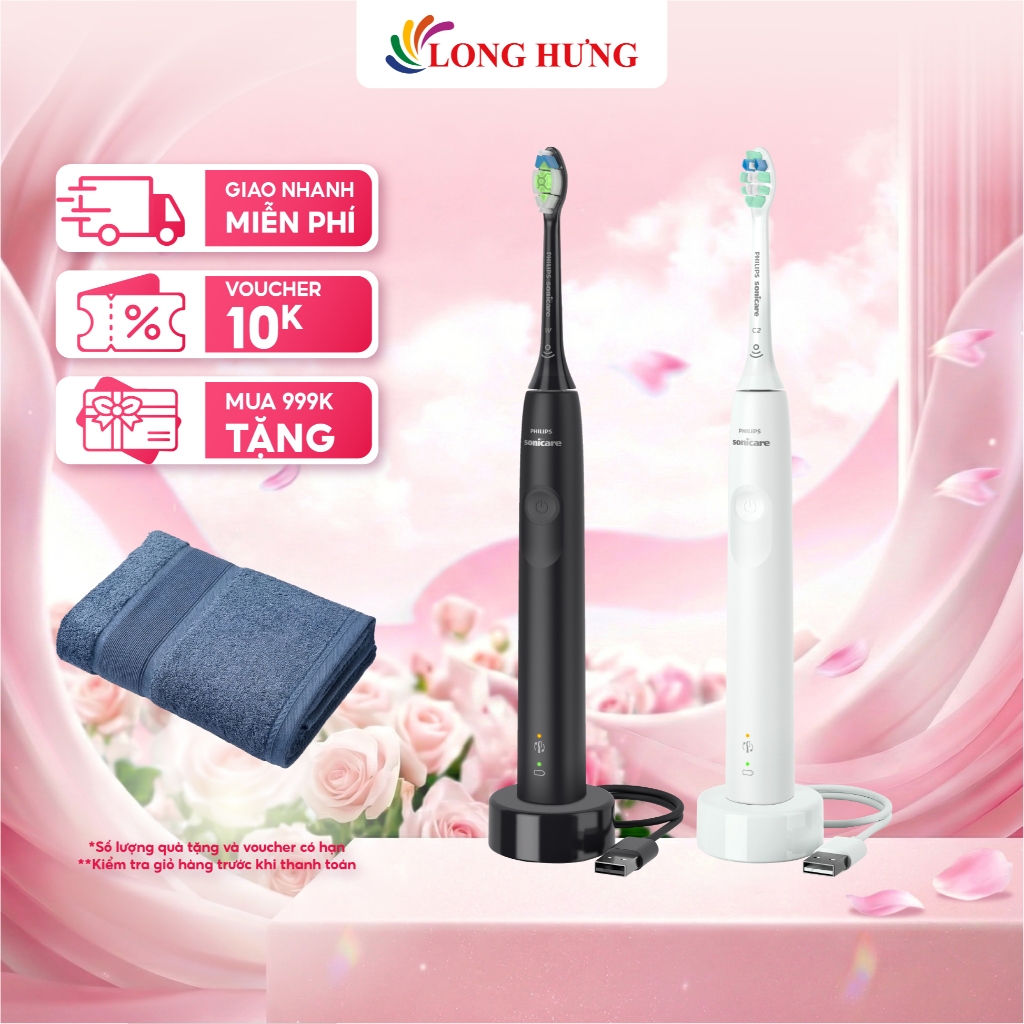Bàn chải điện Philips Sonicare 3100 - Màu Đen, Sóng âm 62.000 lần/phút, Pin sạc Lithium-ion