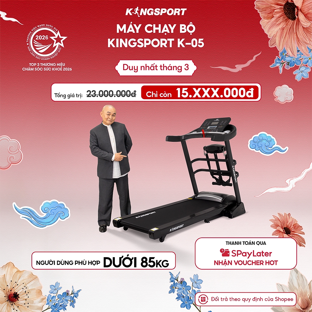 Máy chạy bộ KINGSPORT K-05 khung sườn Kingtech Titan 2.0, 12 bài luyện tập