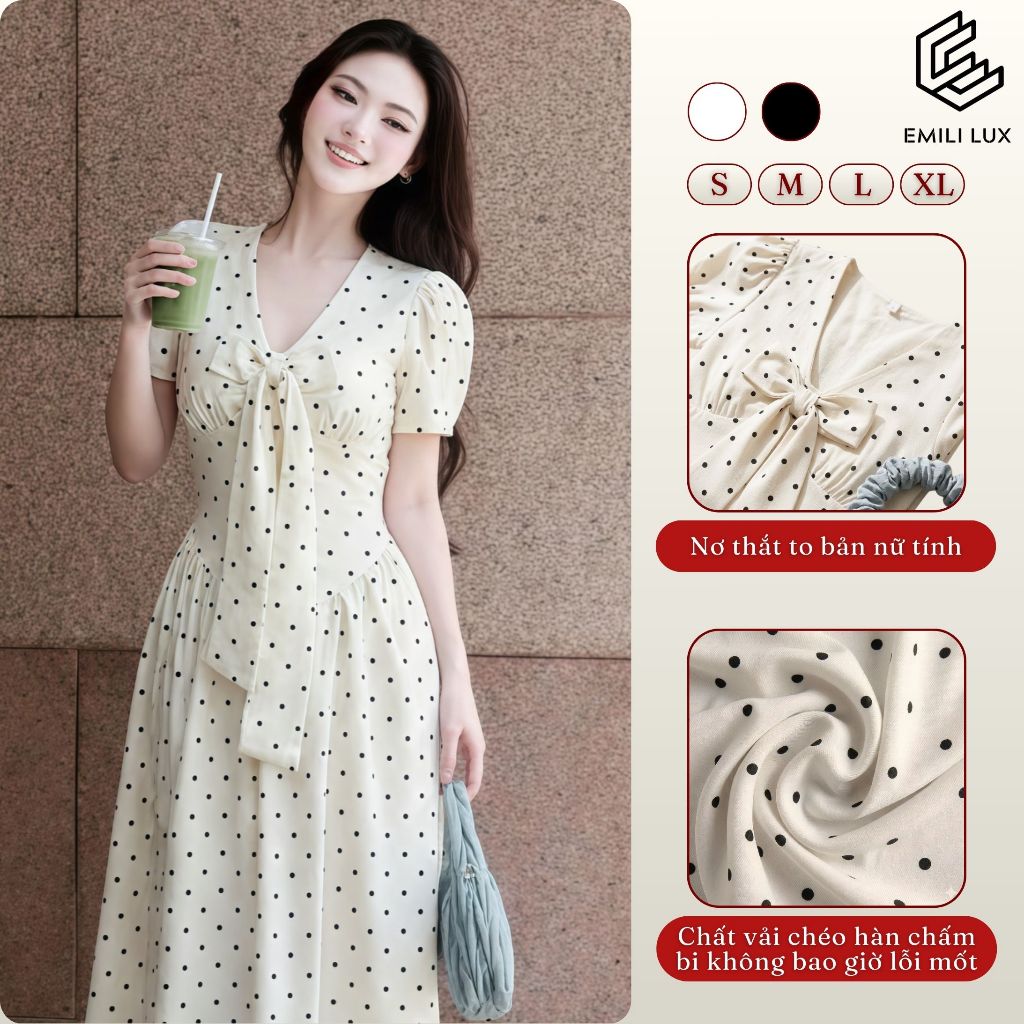 Đầm công sở họa tiết chấm bi tay bồng dáng dài EMILI DESIGN mix nơ phong cách nhẹ nhàng [V506]