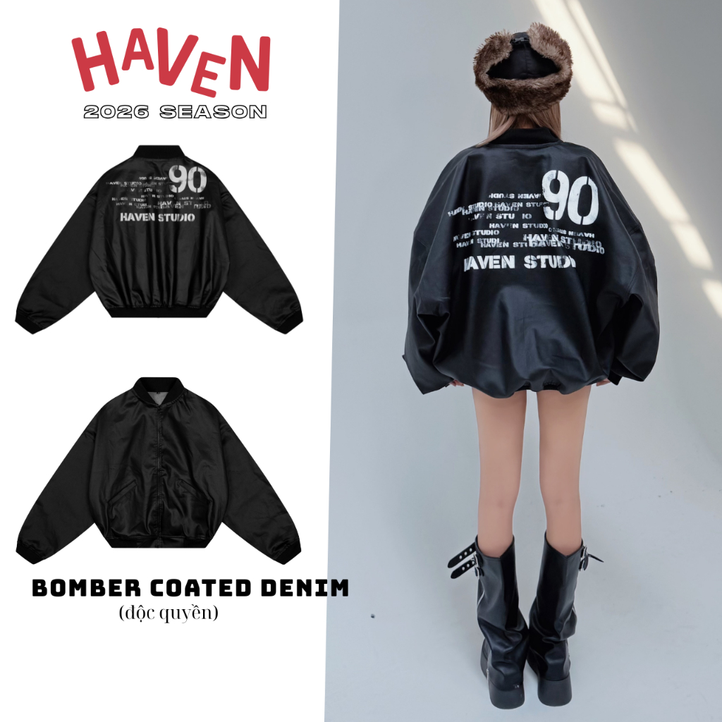 Áo khoác bomber jeans HAVEN STUDIO form rộng nam nữ bigsize chất Coated Denim phong cách áo khoác da