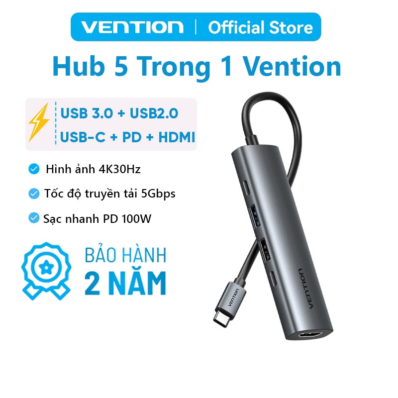 Hub chuyển đổi Vention 5-in-1 HDMI 4K, Sạc Nhanh PD 100W, USB 3.0 5Gbps, Dock Type-C Cho MatBook Laptop