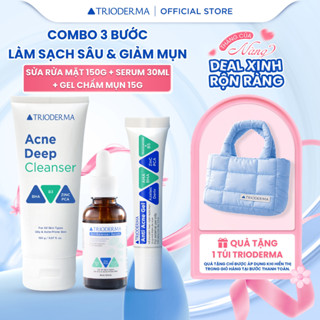 Combo 3 bước hỗ trợ giảm mụn Trioderma Gel Rửa Mặt 150g + Serum 30ml + Gel mụn 15g (làm sạch, giảm mụn, mờ thâm mụn)