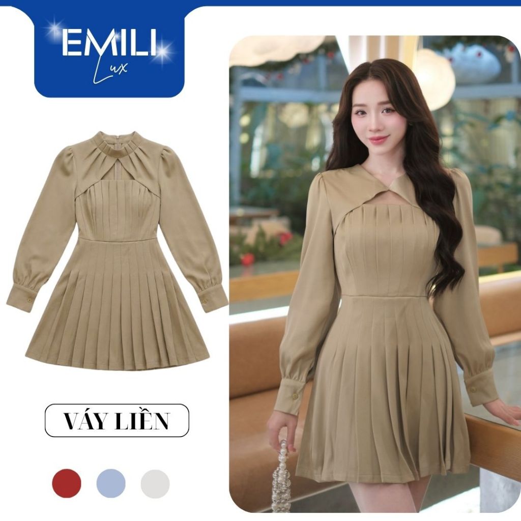 Đầm ngắn xếp ly cúp ngực phối cách Emili đầm ngắn dài tay dập ly phong cách Hàn Quốc [T1047]