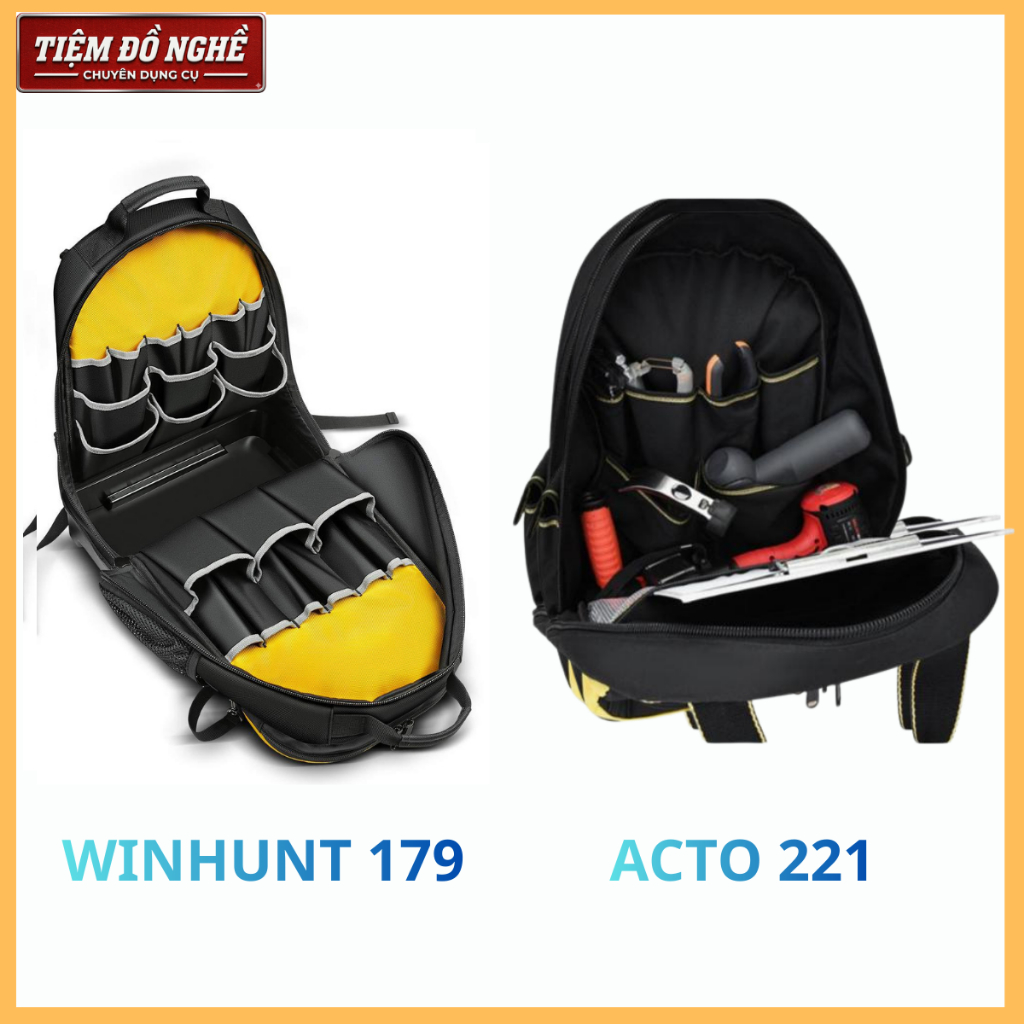 Balo đựng đồ nghề WINHUNT 179 & ACTO 221 – Balo kỹ thuật đế nhựa chống nước, ngăn laptop, vải Oxford