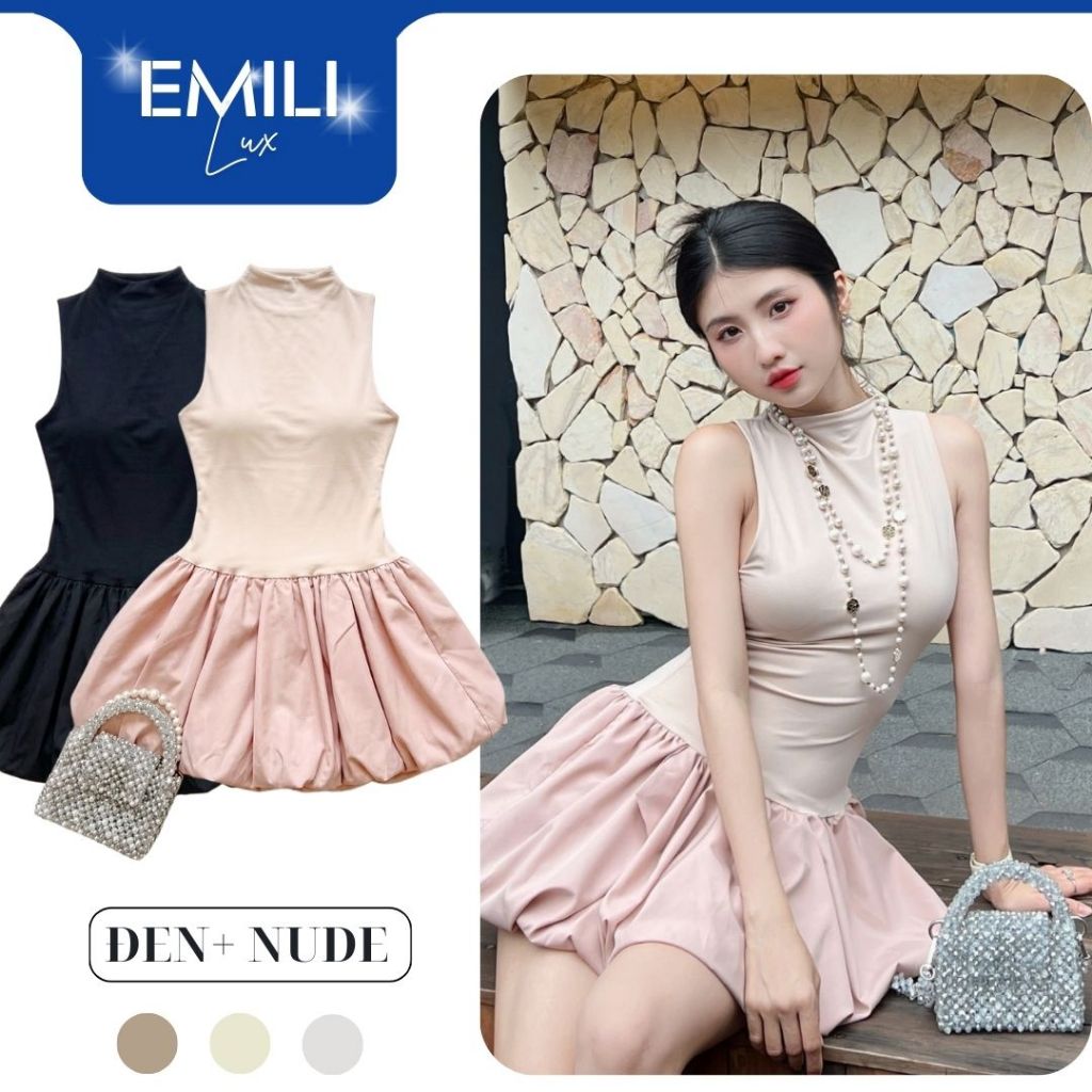 Đầm đi tiệc dáng ngắn Emili đầm sát nách nhún bí phồng xoè phong cách Hàn Quốc [V417]