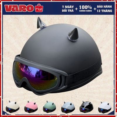 Mũ Bảo Hiểm 1/2 Kính UV Kèm Sừng Tiểu Qủy - Hàng Chính Hãng VARO, Cao Cấp - Combo Full Phụ Kiện