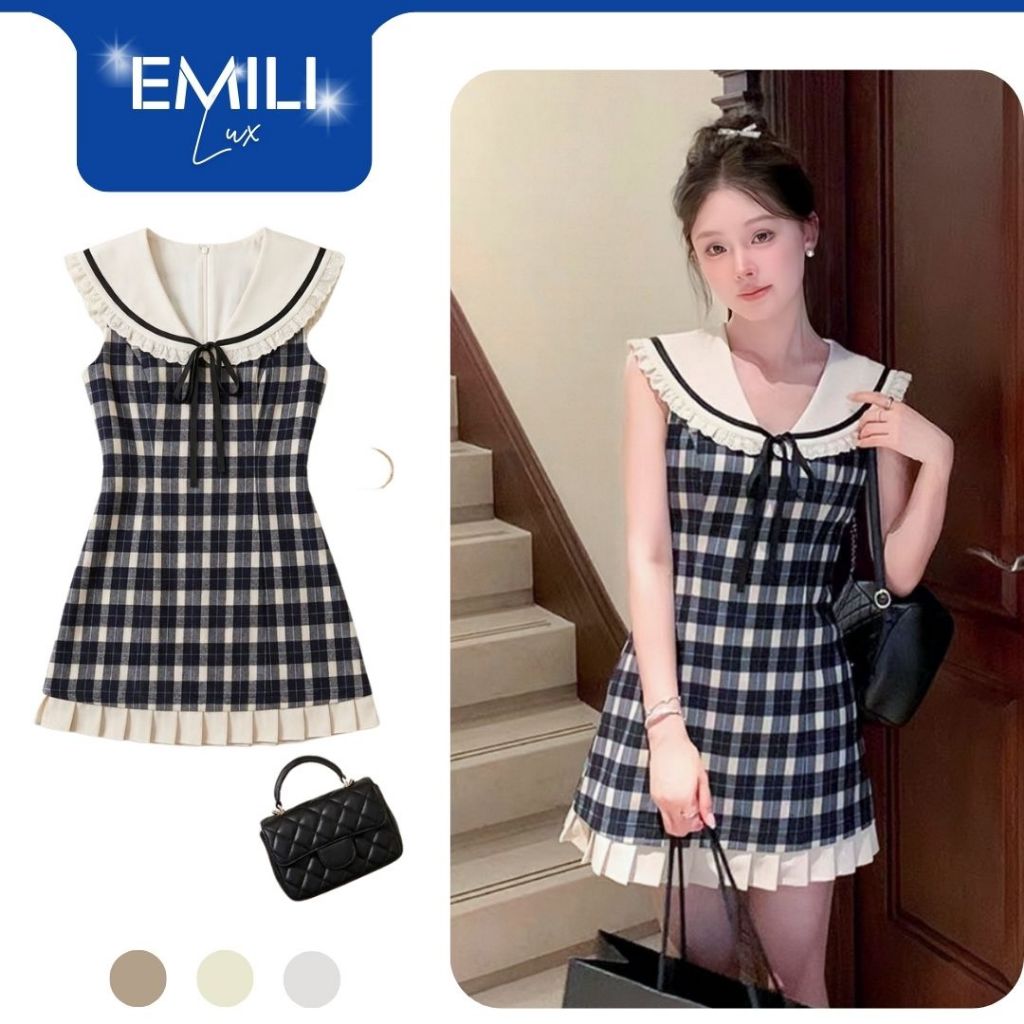 Đầm caro dáng ngắn cổ sen Emili đầm ngắn sát nách đi chơi đi học phong cách Hàn Quốc [T1333]
