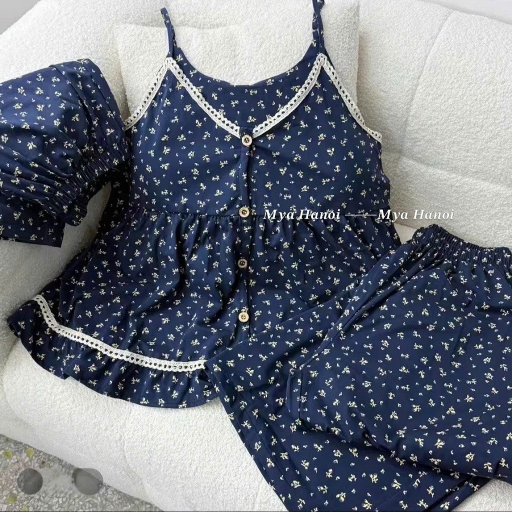 BỘ NGỦ NỮ mùa hè 3 MÓN 2 dây HOA NHÍ có Đệm Ngực hàng Quảng Châu áo 2 dây, quần cộc, quần dài