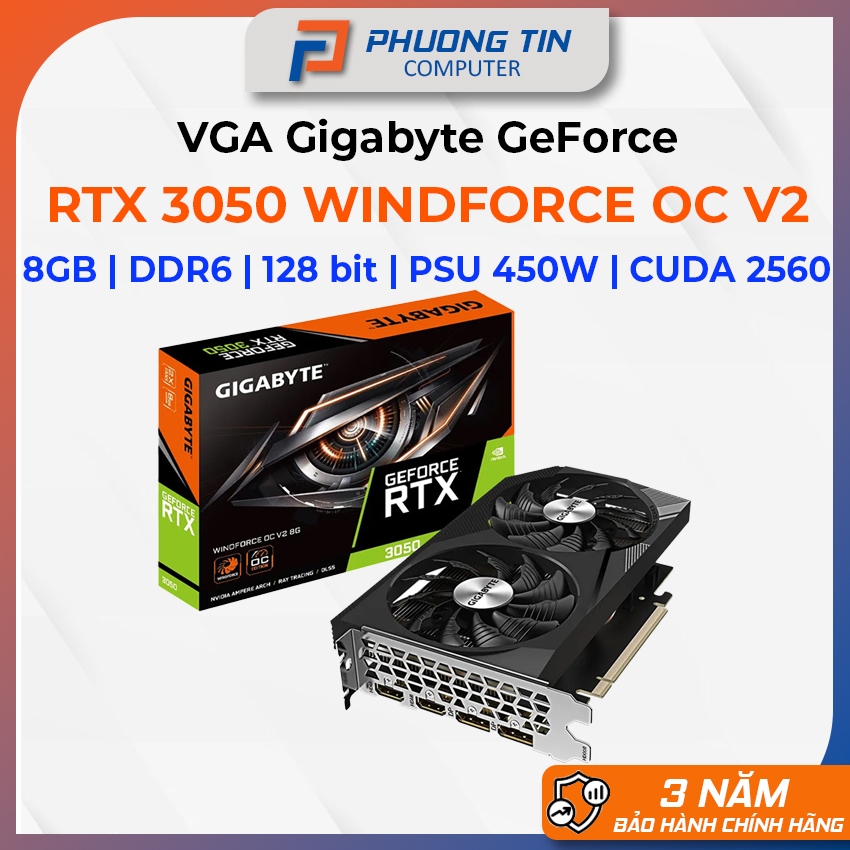 VGA Gigabyte GeForce RTX 3050 WINDFORCE OC V2 8GB (GV-N3050WF2OCV2-8GD) Bảo hành 36 tháng chính hãng