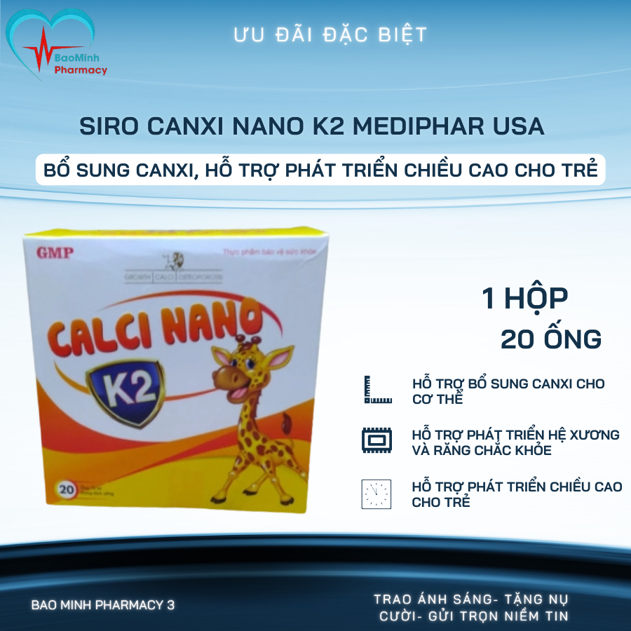 Siro Hỗ Trợ Phát Triển Chiều Cao Calci Nano K2 Mediphar Usa (H/20o/10ml)