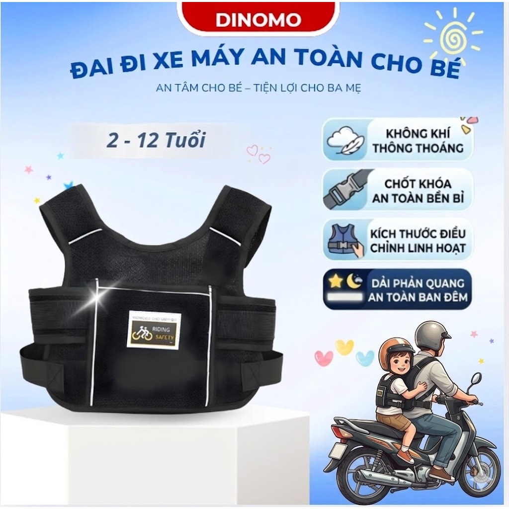 Đai Đi Xe Máy Cao Cấp DINOMO Kiểu Lưới Thoáng Khí Cho Trẻ 2-12 Tuổi, Có Dải Phản Quang, Túi Đựng Đồ