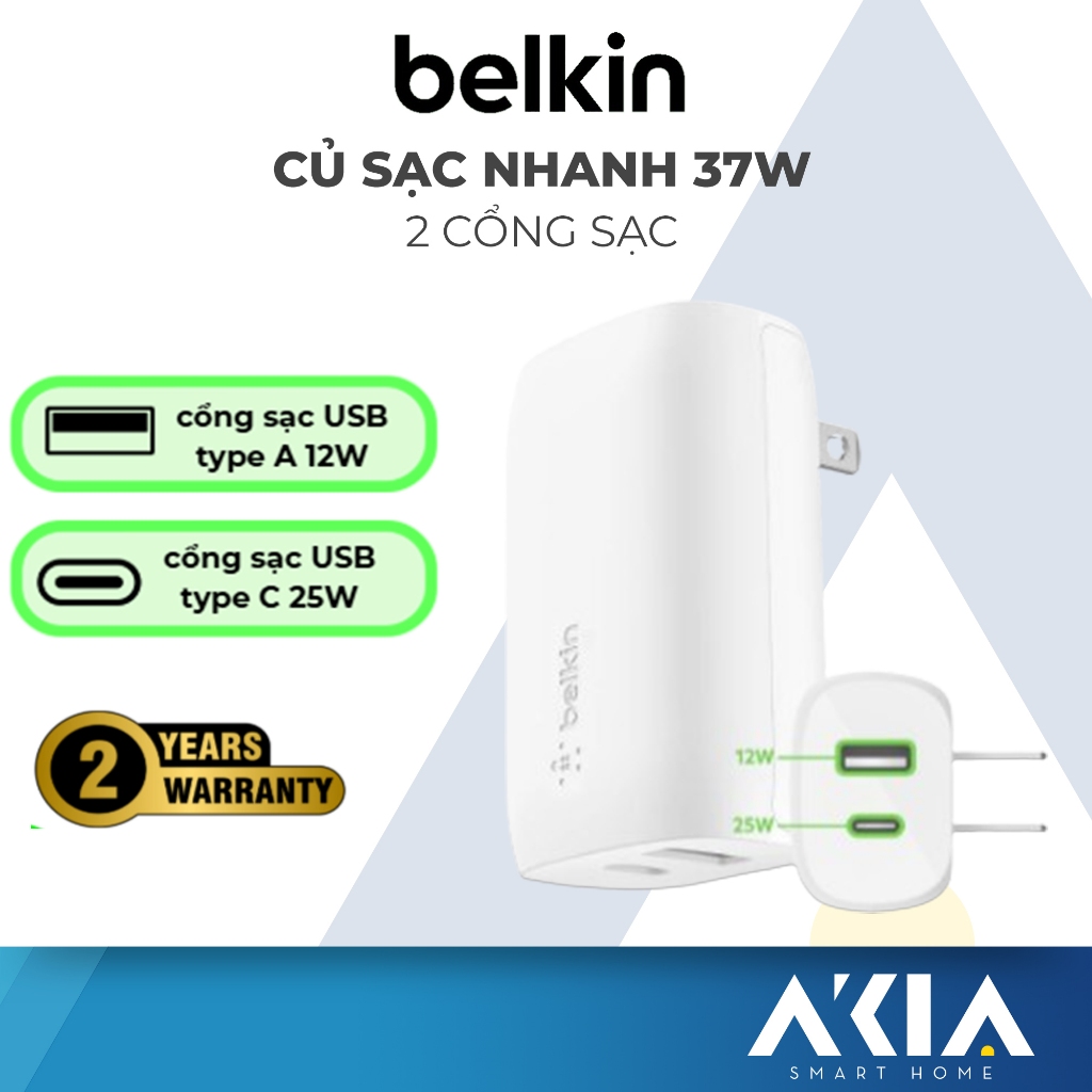 Củ sạc nhanh 37W Belkin, cổng USB C 25W, USB A 12W, chính hãng, bảo hành 2 năm