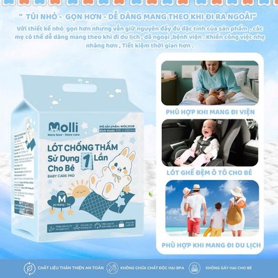 Tấm lót chống thấm cho bé dùng 1 lần Molli KidAndMom thiết kế mới túi nhỏ tiện lợi khi mang ra ngoài