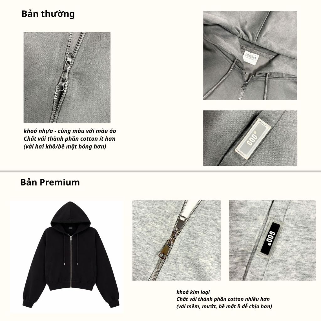 Hoodie Zip Form Boxy GODMOTHER Nỉ 2 Da Khóa 2 Đầu Chống Nắng Unisex Phong Cách Hàn Quốc Đen - Xám | BigBuy360 - bigbuy360.vn