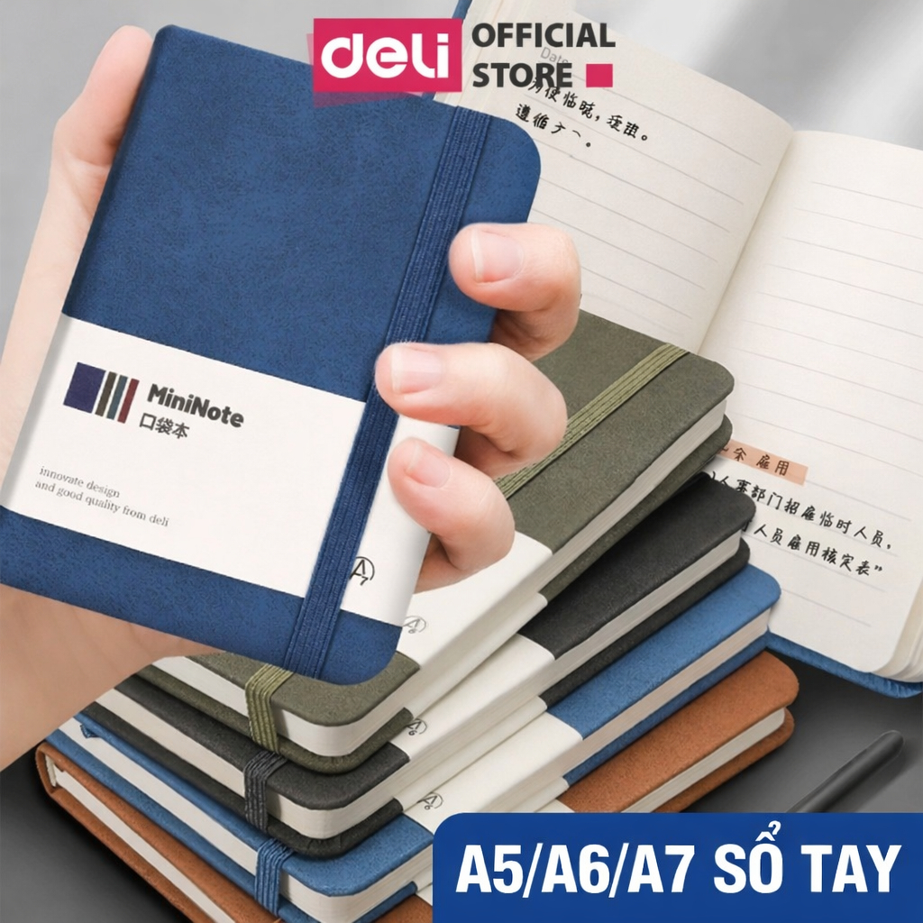 Sổ Tay Bìa Da Kẻ Ngang Mini A5 A6 Cao Cấp Deli 192/240 Trang80gsm Chống Nước Ghi Chép Quà Tặng Nhật Kí