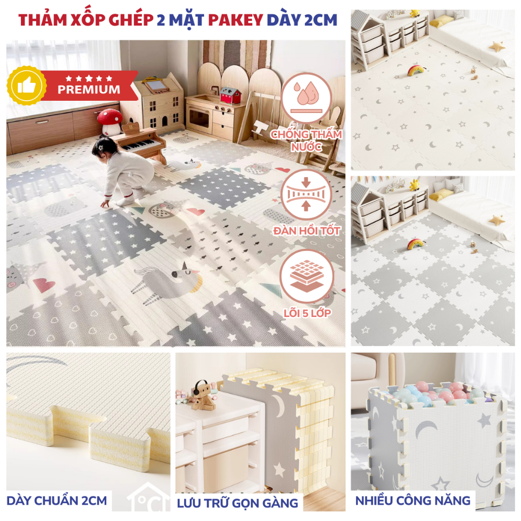 [HỎA TỐC HCM] Thảm Xốp Ghép XPE Pakey Thảm Tập Bò Nằm Chơi Dày Dặn 2cm An Toàn Chống Trơn Trượt Cho 